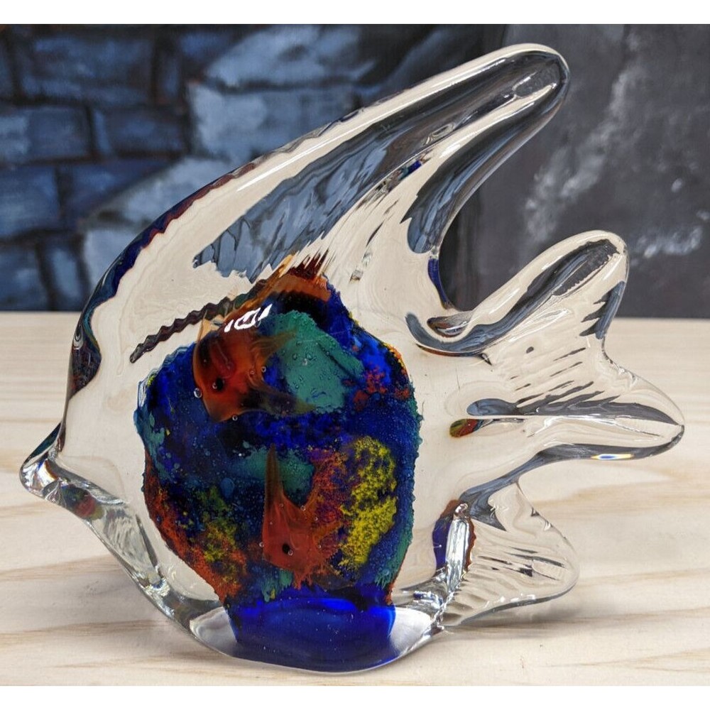 Art Glass Angel Fish Paperweight Crystal Clear Blue Goldfish 4.5" Orange Center